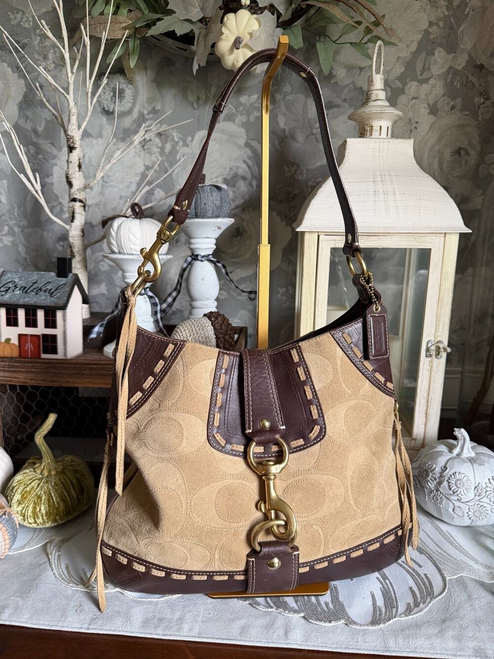 Y2K 2006 Coach HAMPTONS Tan Suede & Brown Leather HOBO Bag Purse